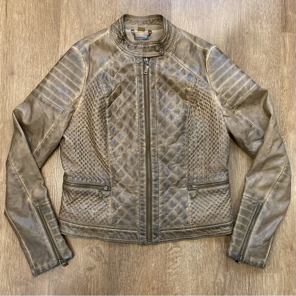 Jou Jou Women's Brown Quilted Faux Leather Moto Jacket Grunge Distressed Large - Picture 5 of 16
